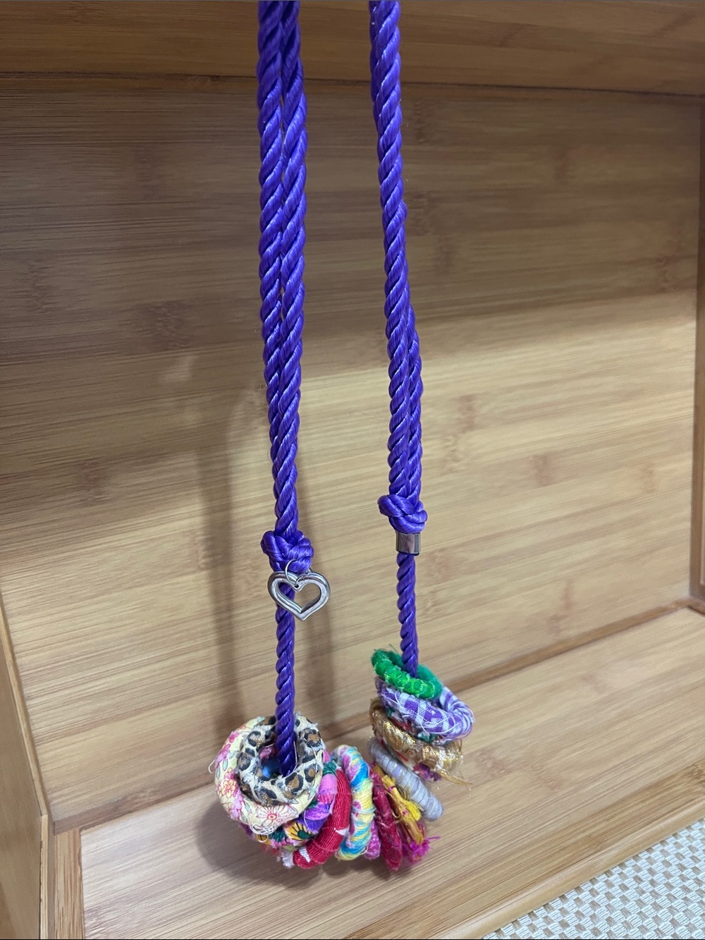 Handcrafted Purple Rope Necklace with Colorful Fabric Beads and Heart Charm